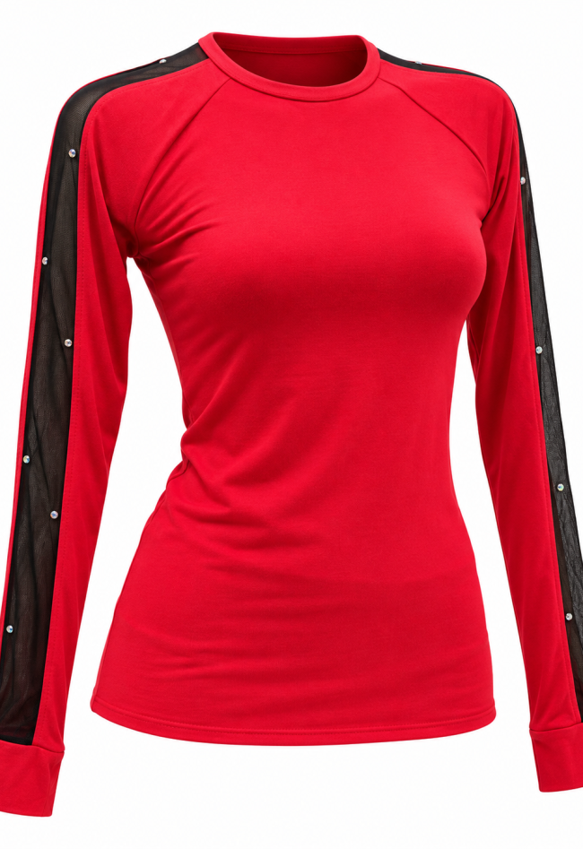 Elegant Red Mesh-Sleeve Knit Top