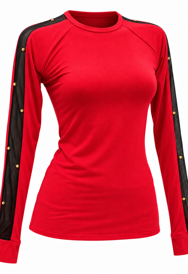 Red sheer knit top with golden rhinestones